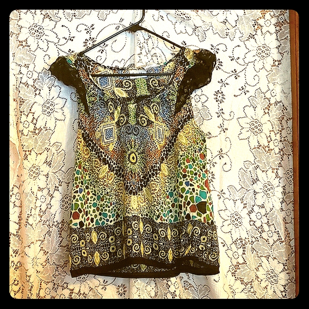 BNWT Forbidden Boho medium short sleeve top earth tones,  hippie, boho